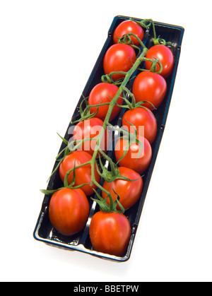 Pflaumentomate Rispe in schwarz verkaufen Box rot grün schwarz weißen Hintergrund Plumtomatoes Tast lecker gesund Gesundheit feine Mini Essen Stockfoto