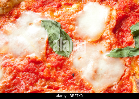 Nahaufnahme von Margherita Pizza mit frischem Basilikum und Mozzarella. Stockfoto