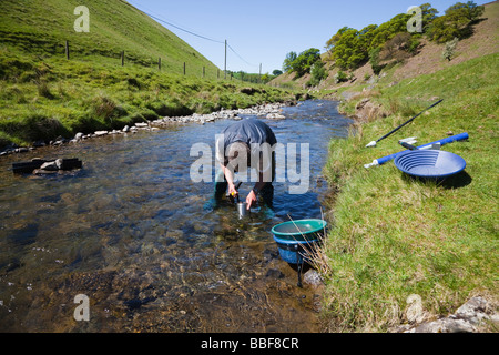 Mann panning für gold-Nuggets im Fluss in der Nähe von Wanlockhead im schottischen Hügel führen. Mann ist einen Glas-Boden-Viewer verwenden. Stockfoto