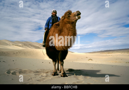 9. Oktober 2006 - Nomade auf seinem baktrischen Kamel an den Dünen des Khongoryn Els in der Gobi Wüste in der äußeren Mongolei. Stockfoto