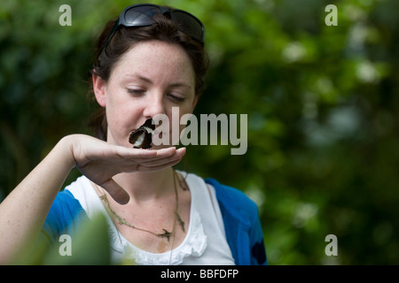 Frisch geschlüpfte Schmetterlinge nehmen Flug und landet auf dem Gesicht einer Frau Stockfoto