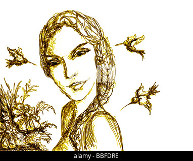 Mädchen Portrait mit Blumen und Kolibris. Linie Art-Stil in Sepia Farbe. Stockfoto