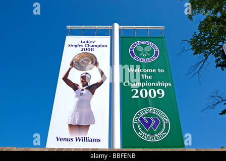 Banner für Wimbledon Tennis Championships 2009 und 2008 Damen Sieger, Venus Williams, bei der All England Lawn Tennisclub Stockfoto