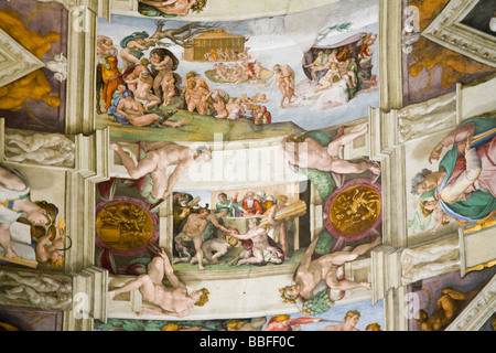 Sixtinische Kapelle Deckenfresken Opfer von Noah und die Sintflut von Michelangelo (1508-1512) Vatikan Museum Rom Italien Stockfoto