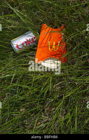 Verschmutzte Natur mit Müll Abfall in die grüne Natur werfen Nahaufnahme von oben Ansicht nach unten Bilder in den USA Hochauflösung im vertikalen US-Format Stockfoto