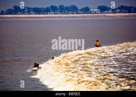 China, Provinz Zhejiang, Hangzhou. Qiantang-Fluss. Surfen die Gezeiten Bohrung, bekannt als "The Silver Dragon". Stockfoto