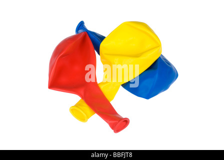 Drei bunte deflationiert Luftballons isoliert auf einem weißen bachground Stockfoto