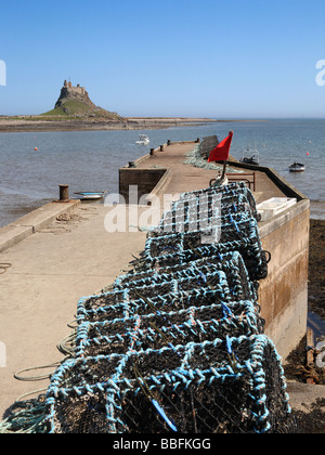 Reihe von Hummer Töpfe mit Lindisfarne Castle im Hintergrund, Northumberland, England, Großbritannien Stockfoto