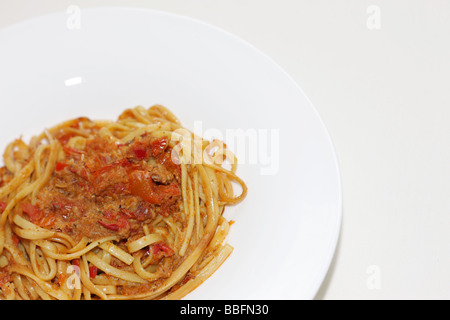 Linguine mit Chili und Krabbenfleisch Stockfoto