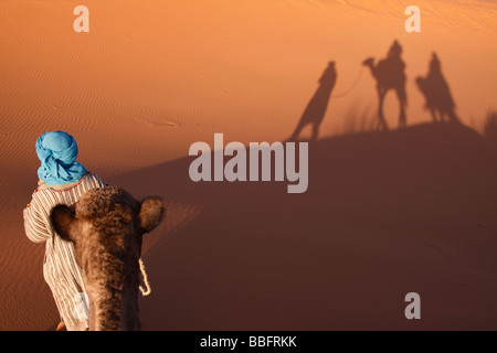 Afrika, Nordafrika, Marokko, Sahara Wüste, Merzouga, Erg Chebbi, Berber Tribesman führt Kamel, Schatten im Sand Stockfoto