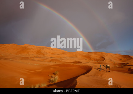 Afrika, Nordafrika, Marokko, Sahara Wüste, Merzouga, Erg Chebbi, Berber Tribesman führenden Kamel, Regenbogen in der Wüste Stockfoto