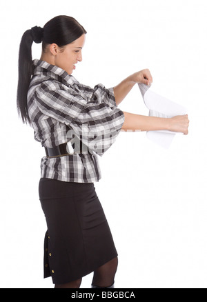 Business-Frauen reißen isoliert auf weißem Papier-Liste Stockfoto