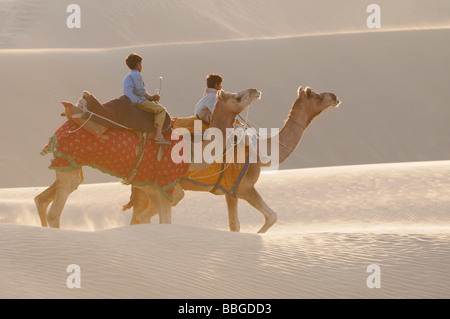 Kamel-Fahrer in der Thar-Wüste, Sam in der Nähe von Jaisalmer Rajasthan, Nordindien, Asien Stockfoto