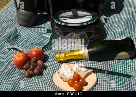 Ein Picknick-Rucksack-Stil behindern Satz außerhalb im Sommer mit gesunden Lebensmitteln South Yorkshire England angelegt Stockfoto