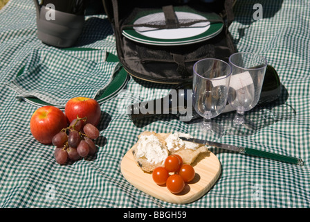 Ein Picknick-Rucksack-Stil behindern Satz außerhalb im Sommer mit gesunden Lebensmitteln South Yorkshire England angelegt Stockfoto