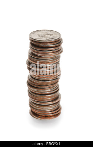 Stapel von Quartalen auf weißem Hintergrund Stockfoto