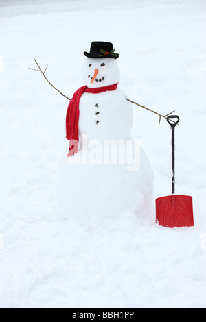 Schneemann mit Karotten-Nase und rotem Schal Stockfoto