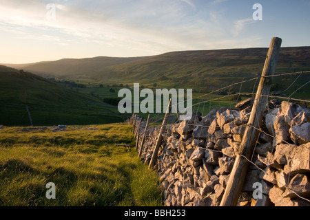 Eine Trockensteinmauer führt das Auge entlang Littondale, in den Yorkshire Dales, von oben das Dorf Arncliffe. Stockfoto