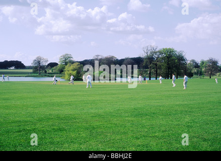 Dorf Cricket match in Holkham Park Norfolk traditionelle englische Szene Spiel Sport weiße Spieler Hall Park Lake East Anglia Stockfoto