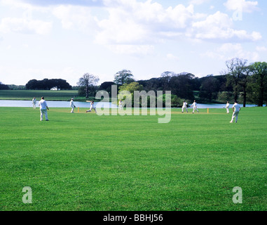 Dorf Cricket match in Holkham Park Norfolk traditionelle englische Szene Spiel Sport weiße Spieler Hall Park Lake East Anglia Stockfoto