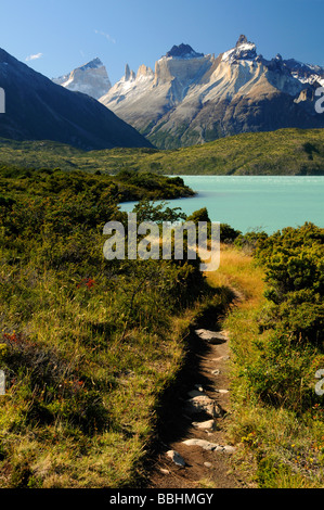 Die Cuernos del Paine und Lagoe Pehoe im Natinal Park Torres del Paine in Chile Stockfoto