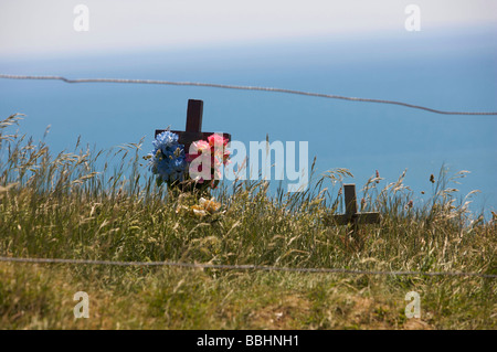 Holzkreuze und Blumen auf den Klippen bei Beachy Head in Hommage an Menschen, die an dieser Stelle Selbstmord begangen hatte Stockfoto