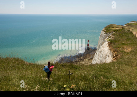 Holzkreuze und Blumen auf den Klippen bei Beachy Head in Hommage an Menschen, die an dieser Stelle Selbstmord begangen hatte Stockfoto