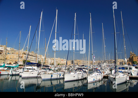 Malta. Yachten ankern in der Marina am Dockyard Creek zwischen (L-Isla) Senglea und Vittoriosa (Birgu). 2009. Stockfoto