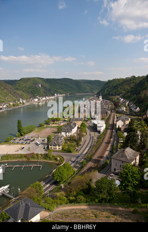 Blick von Burg Burg Rheinfels über St. Goar, Rhein-Hunsrueck-Kreis, Rheinland-Pfalz, Deutschland, Europa Stockfoto