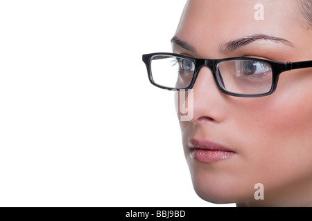 Nahaufnahme Gesicht Porträt einer Frau mit Brille Stockfoto