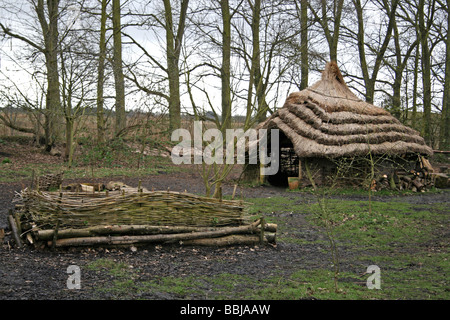 Bloße Tun: Eine Rekonstruktion der Roundhouse Dorf bei Martin bloßen WWT, Lancashire, UK Stockfoto