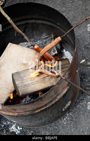 Hot Dogs auf Stöcke Kochen über dem Feuer Stockfoto