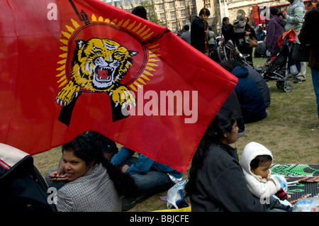 Tamilen demonstrieren am Tag der Sri-lankischen Regierung verkündet es hatte besiegt die Tamil Tigers und ihr Anführer getötet Stockfoto