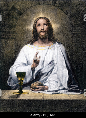 Jesus Segen Brot und Wein in Emmaus. Hand - farbige Holzschnitt Stockfoto