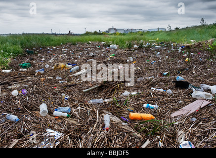 Kunststoff Umweltverschmutzung auf die Essex Vorland der Themse. Stockfoto