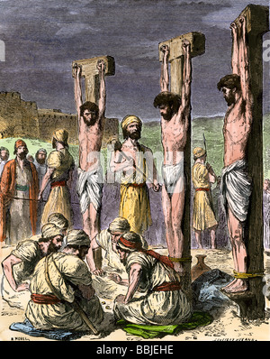 Schutzvorrichtungen spielen für Jesus Kleidung bei der Kreuzigung. Hand - farbige Holzschnitt Stockfoto