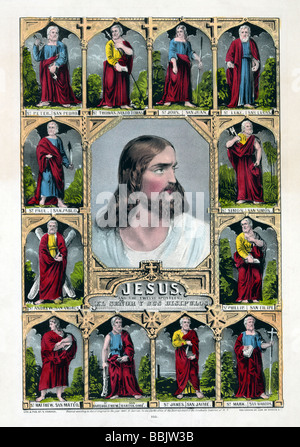 Lithographie Druck ca. 1847 von N Currier veröffentlicht mit dem Titel "Jesus und die zwölf Apostel". Stockfoto