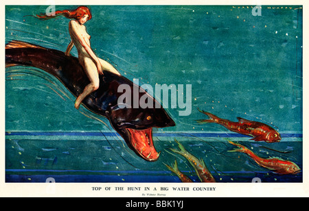 Anfang der 1930er Jahren Jagd Fantasie Illustration einer Meer Nymphe Reiten einen großen Fisch auf der Jagd Stockfoto
