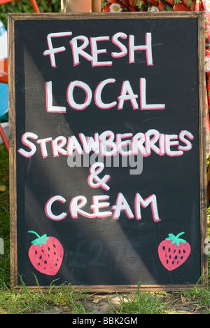 Schild mit frischen lokalen Erdbeeren und Creme für einen Bauernladen. Oxford Oxfordshire 2009 2000er Jahre, UK HOMER SYKES Stockfoto