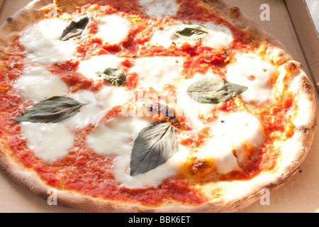 Authentische Margherita-Pizza mit Basilikum und Mozzarella auf einer goldenen Kruste. Stockfoto