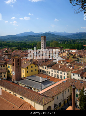 Erhöhte Ansicht von Lucca vom Torre Guinigi, Basilica di San Frediano, Lucca, Toskana, Italien, Europa Stockfoto