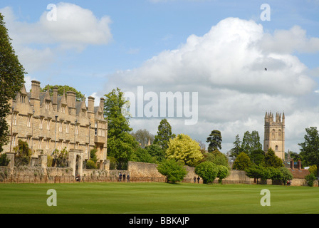 Blick über Merton Feld nach Merton College zurück & Magdalen Tower, Oxford, Oxofordshire, England Stockfoto