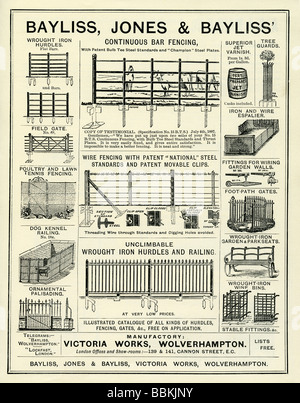 Werbung in einem viktorianischen Versandkatalog für schmiedeeiserne Zäune und Tore, Bayliss, Jones & Bayliss, Wolverhampton Stockfoto