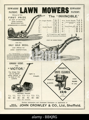 Werbung in einem viktorianischen Versandkatalog für Rasenmäher, John Crowley & Co, Sheffield, South Yorkshire Stockfoto