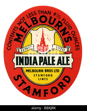 Alte britische Bieraufkleber für Melbourns IPA (India Pale Ale), Stamford, Lincolnshire Stockfoto