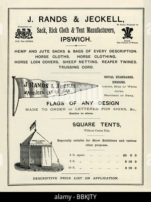 Werbung in einem viktorianischen Versandkatalog für Zelte und Fahnen, Rands & Jeckell, Ipswich, Suffolk Stockfoto