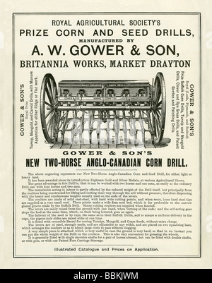 Werbung in einem viktorianischen Versandkatalog für ein Zweipferd Mais Bohrmaschine, Gower & Sohn, Market Drayton, Shropshire Stockfoto
