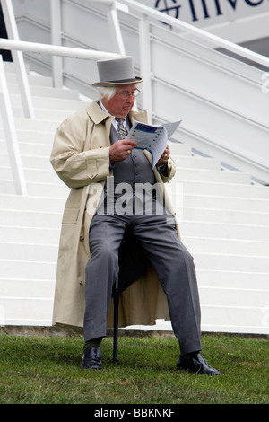 Das Epsom Derby 2009. Ein Recegoer im Zylinder und Regenmantel sieht das Rennen Karte sitzt auf einem Shooting stick Stockfoto