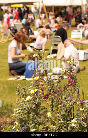Hay-Festival der Hay on Wye Buch Festival Familie Bewegungsfluss auf dem Rasen auf dem Festivalgelände Stockfoto