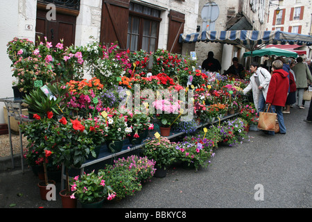 Blume-Stall In einem traditionellen französischen Markt an Montcuq, Lot, Midi-Pyrénées, Frankreich Stockfoto